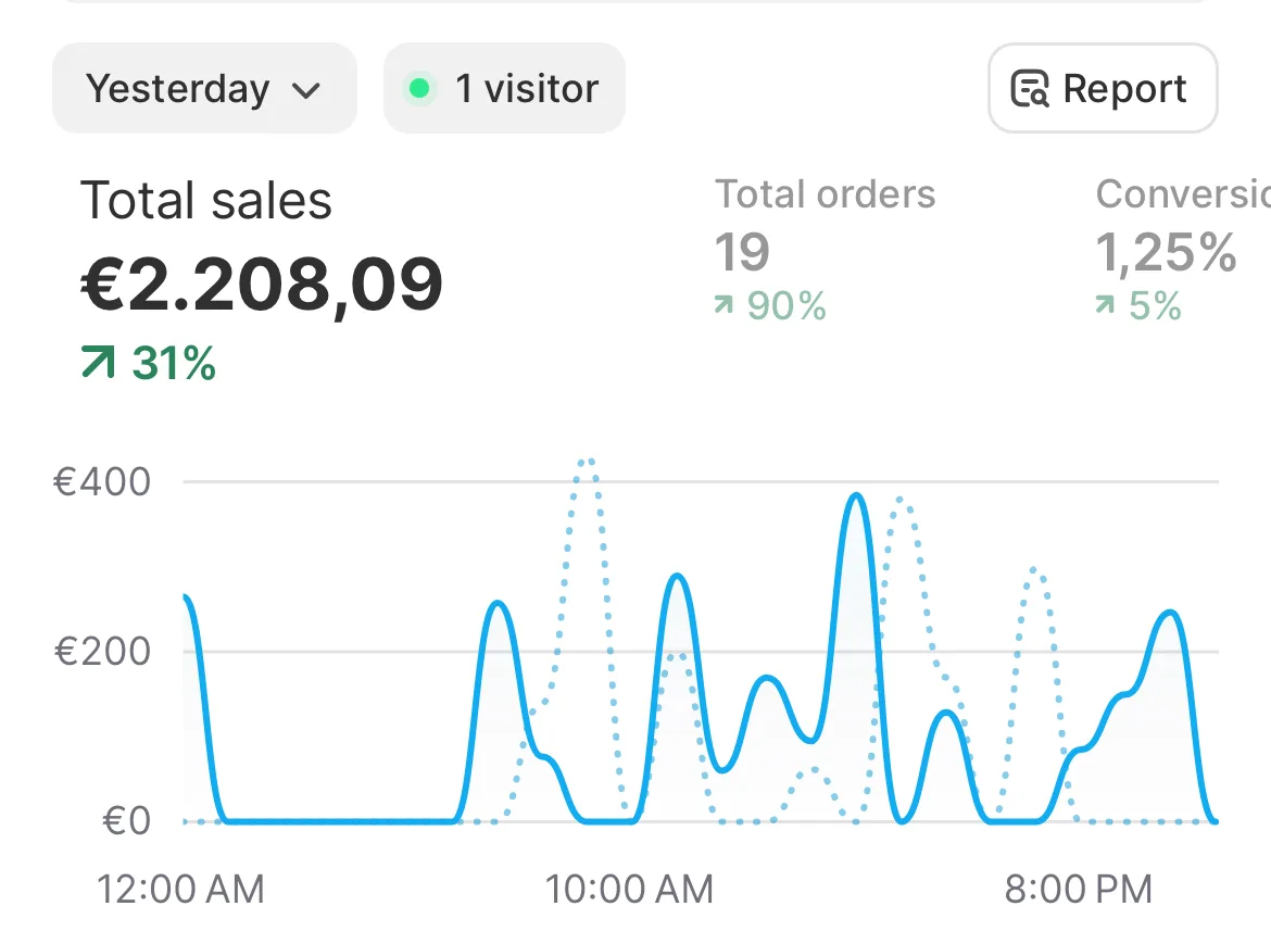 Store dashboard screenshot: 2,208 euros of sales in one day