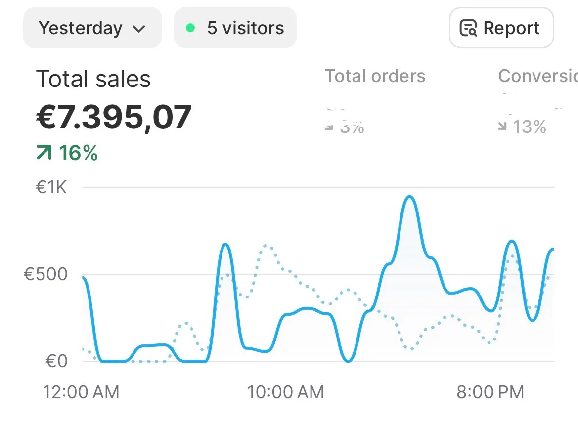 Store dashboard screenshot: 7,395 euros of sales in one day